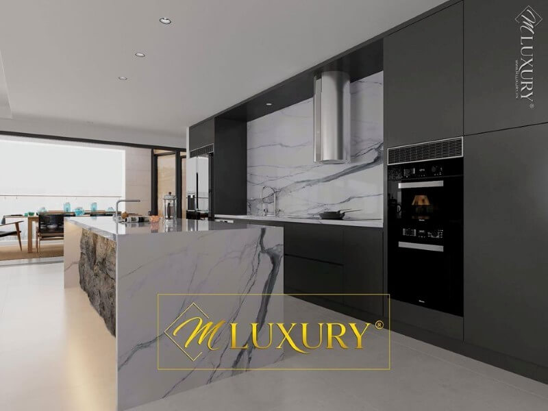 Sử dụng đá ốp bếp cao cấp vân mây mang đến không gian nhà bếp sang trọng và sạch sẽ hơn đá ốp bếp cao cấp