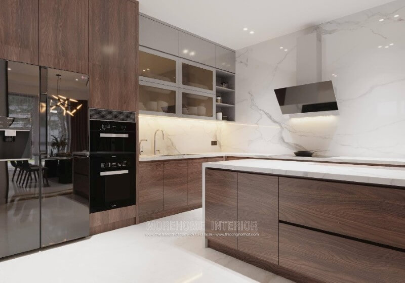 Với màu trắng chủ đạo cùng đường vân mây ấn tượng, đá ốp bếp nhân tạo mang đến không gian nhà bếp hiện đại, sang trọng và sạch sẽ hơn đá ốp bếp cao cấp