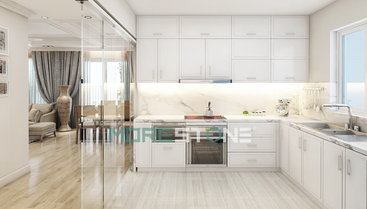 Đá ốp bếp màu trắng vân mây tạo nên vẻ đẹp mềm mại, độc đáo và không kém phần sang trọng cho nội thất phòng bếp đá ốp bếp cao cấp