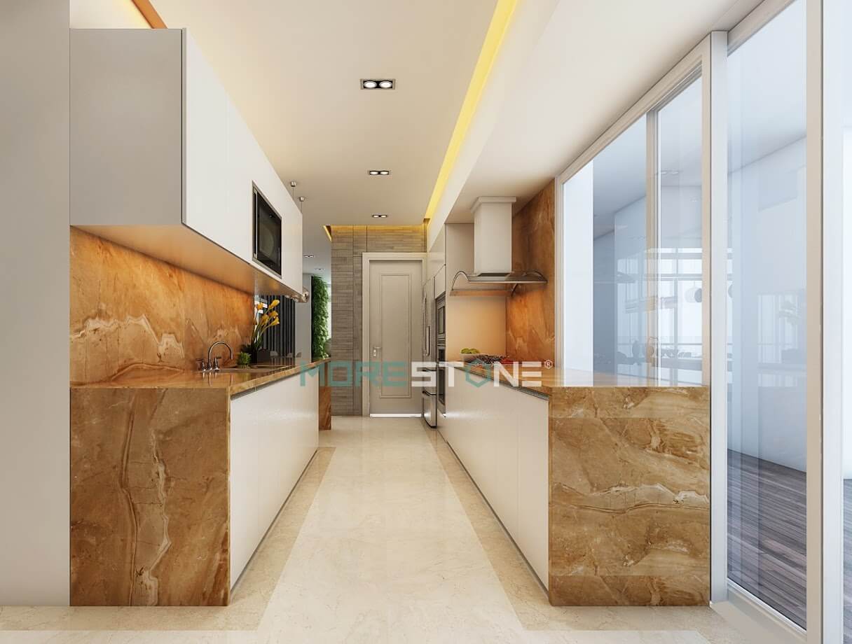 Thiết kế đá ốp bếp tông màu vàng sang trọng với những đường vân đá mềm mại tạo điểm nhấn đặc biệt cho không gian bếp biệt thự đá ốp bếp cao cấp