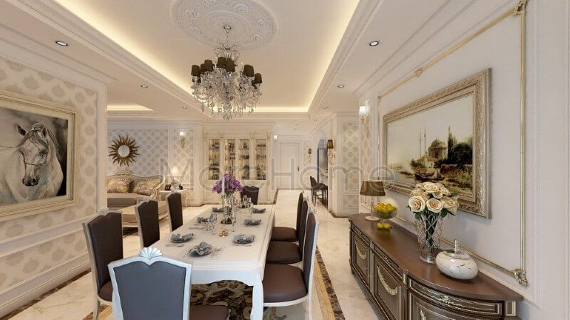 Kệ trang trí tân cổ điển tô điểm thêm cho không gian dùng bữa thêm đẹp và ấn tượng hơn
