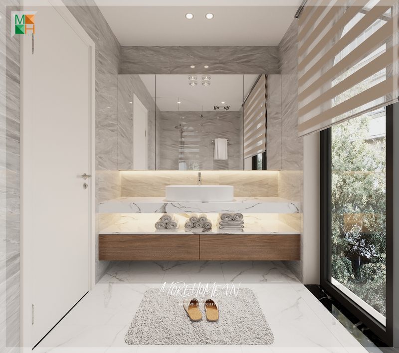 Đá ốp phòng tắm với ưu điểm không thấm nước , sáng bóng góp phần mang tới giá trị thẩm mỹ và sức cuốn hút cho không gian căn phòng.