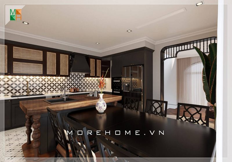 Một sự kết hợp độc đáo và lạ mắt giữa phong cách cổ điển và hiện đại, với nội thất bằng gỗ tự nhiên được thiết kế kiểu dáng truyền thống đặt trong một không gian hiện đại, với bố cục nội thất hiện đại, phù hợp biệt thự có diện tích phòng bếp lớn
